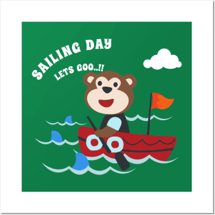 Funny monkey sailor cartoon vector on little boat with cartoon style. Posters and Art